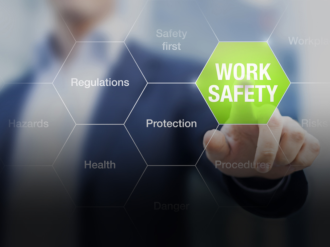 Businessman presenting work safety concept, hazards, protections, health and regulations